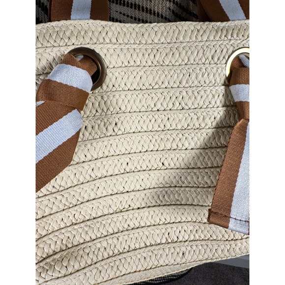 Mark & Graham Straw Tote Bag Beach Summer Tan Brown Stripe Accent - Picture 7 of 9